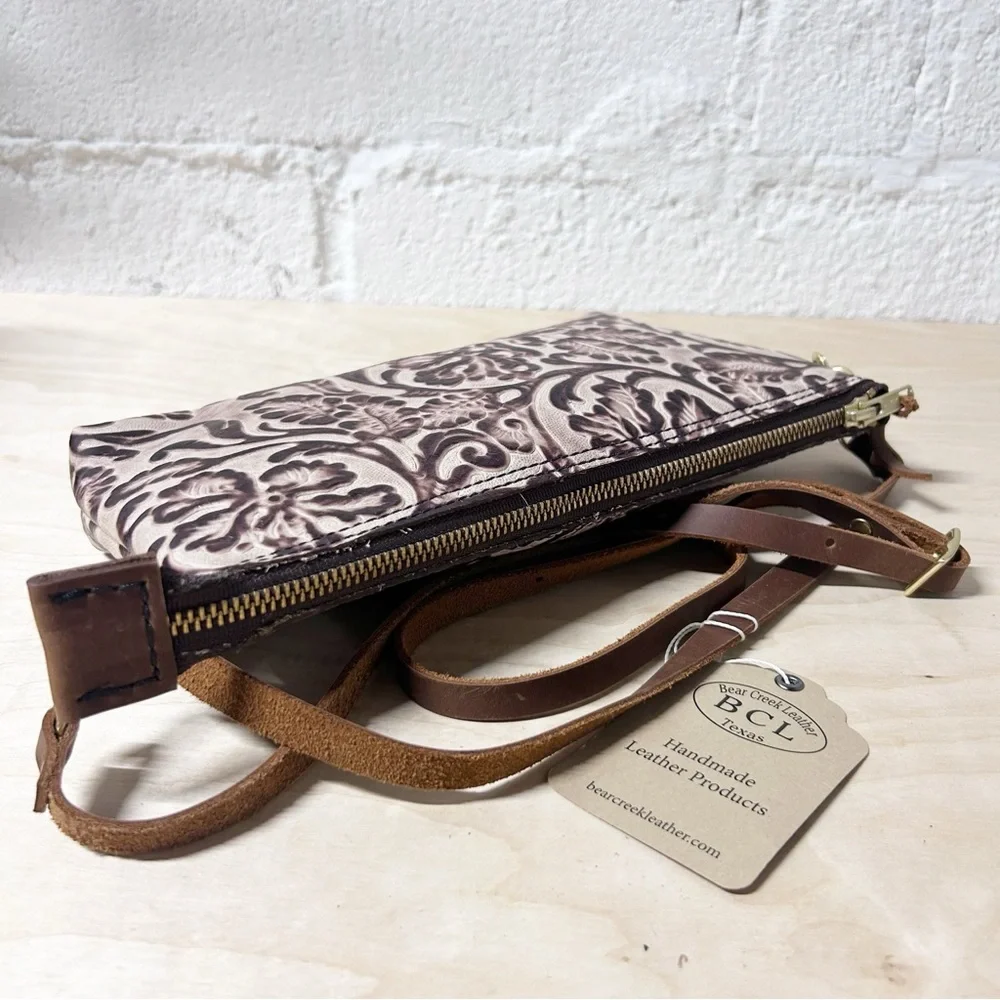Bear Creek Leather Crossbody Bag with an Embossed Floral Design, Handmade, Brown